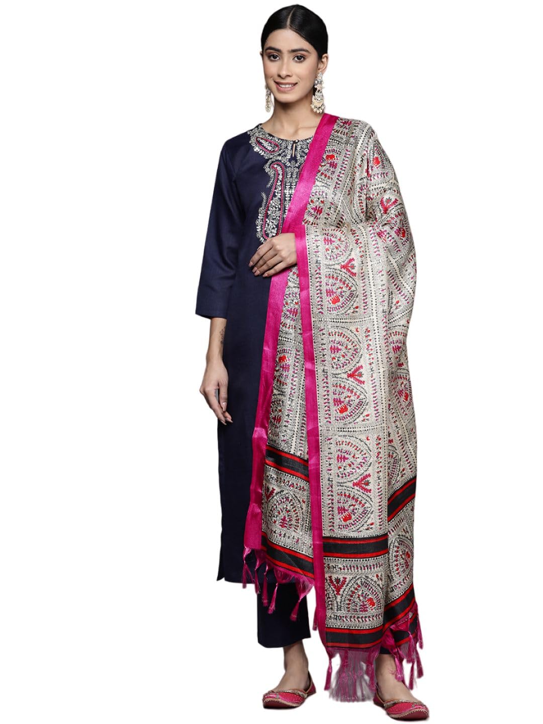 Varanga Women Solid Round Neck Yoke Kurta Paired With Tonal Bottom And Contrast Dupatta