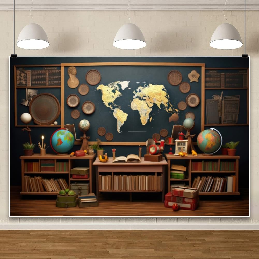 ChloropLastid Back to School Backdrop 10x6.5ft Classroom Decorations World Map Bookshelf Globe Photography Background Kids Study Bedroom Wallpaper