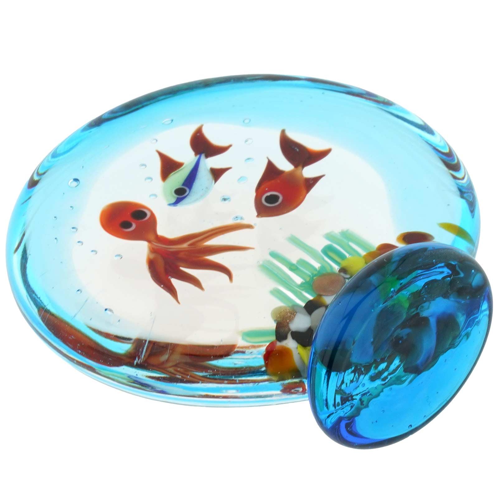 GlassOfVenice Acquario in Vetro di Murano con Statuetta di 2 Pesci e Un Polipo - Scultura Decorativa su Base Alta 2-1/4 Pollici per Acquario da casa o da Ufficio, Regalo Fatto a Mano a Venezia, Ital