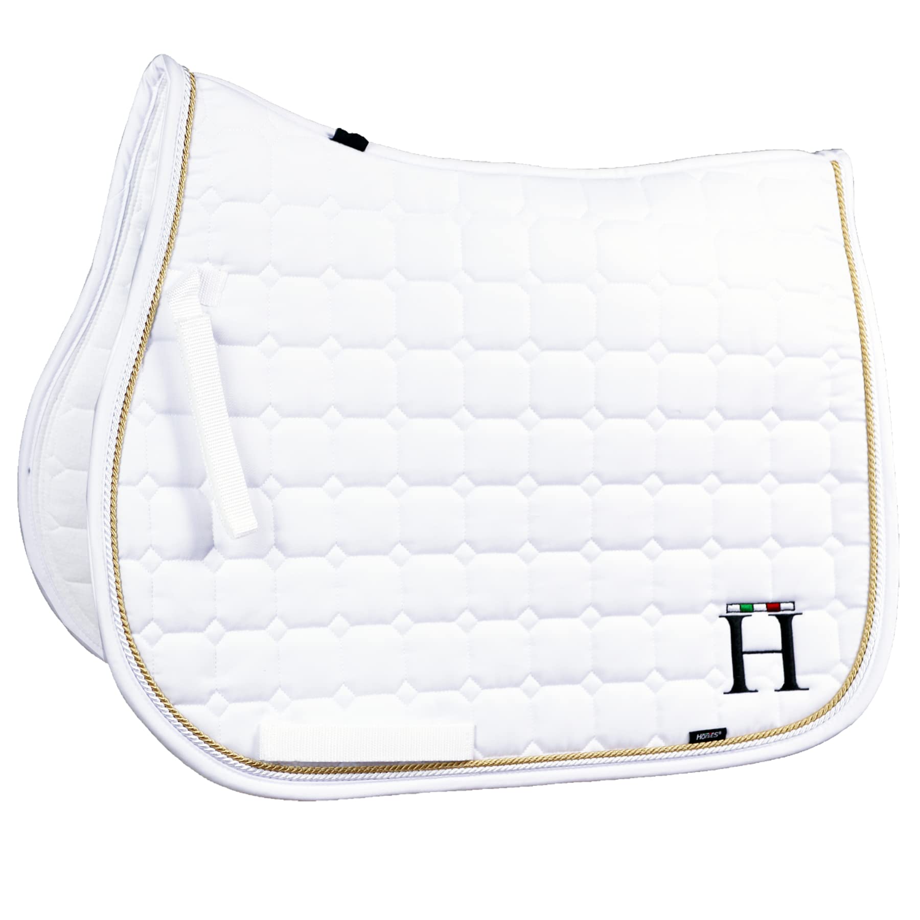 Horses, Mantilla para Caballos Ideal para Salto Ecuestre 100% Algodón, Cierre de Velcro, Ribete Trenzado, Antichoque (blanco/oro frío)