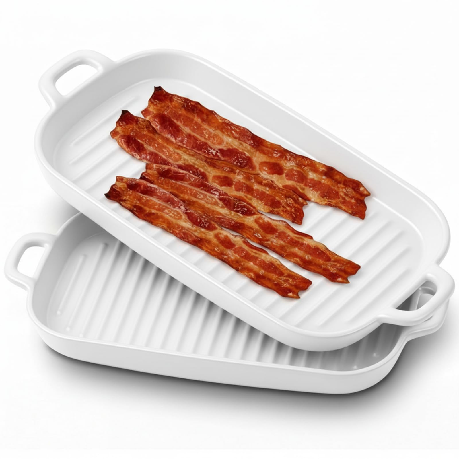 Photo 1 of 2 Pack Microwave Bacon Tray Ceramic Cooker with Drip Rack, Oven Dishwasher Safe, Breakfast Kitchen Tool for 4-6 Slices(White)
