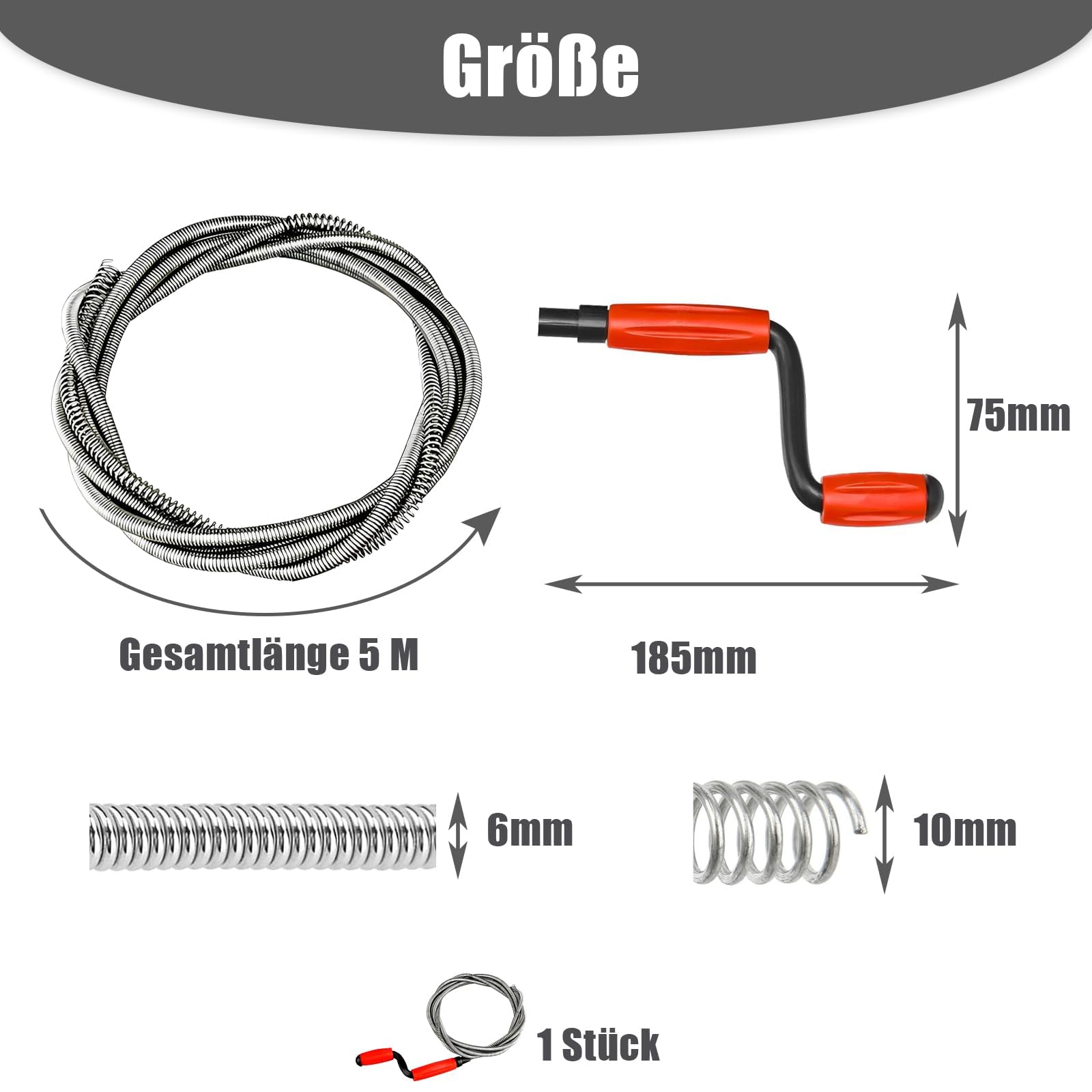 Spirale per la pulizia dei tubi, a spirale, 5 m x 6 mm, scarico Snake per ostacoli ostinati in cucina, bagno, lavanderia, per casa, appartamento, facile da usare