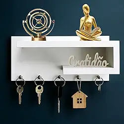 Porta Chaves de Parede MDF Decorativo -5 Ganchos Prateleiras Suporte Organizador Branco