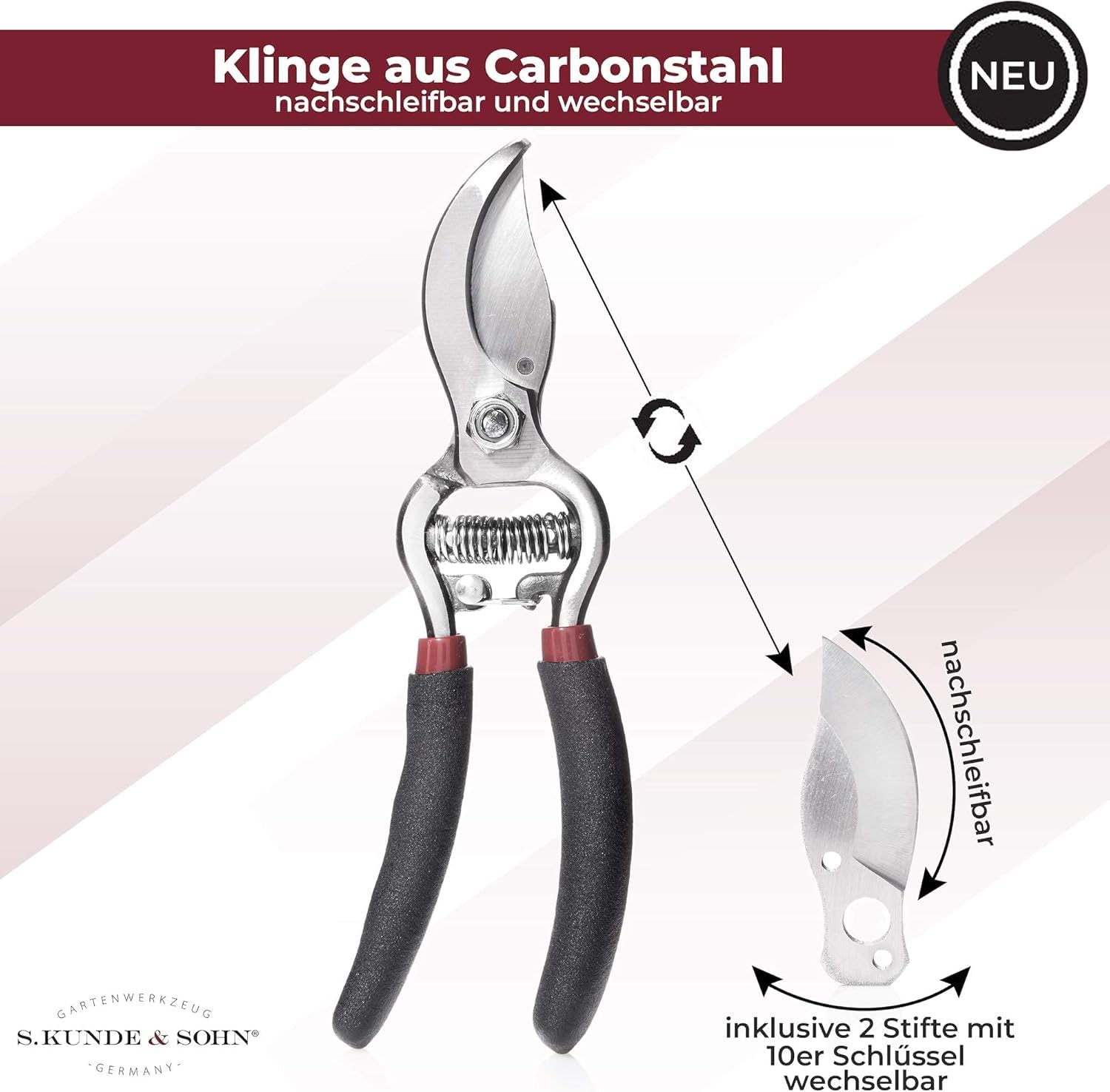 SKS – die leichteste geschmiedete Gartenschere 2x SKS6 Tradition + 2 Ersatzklingen GRATIS – ergonomisches Design – Bypass – Rosen-Rebschere – frische Äste & Zweige bis 20mm