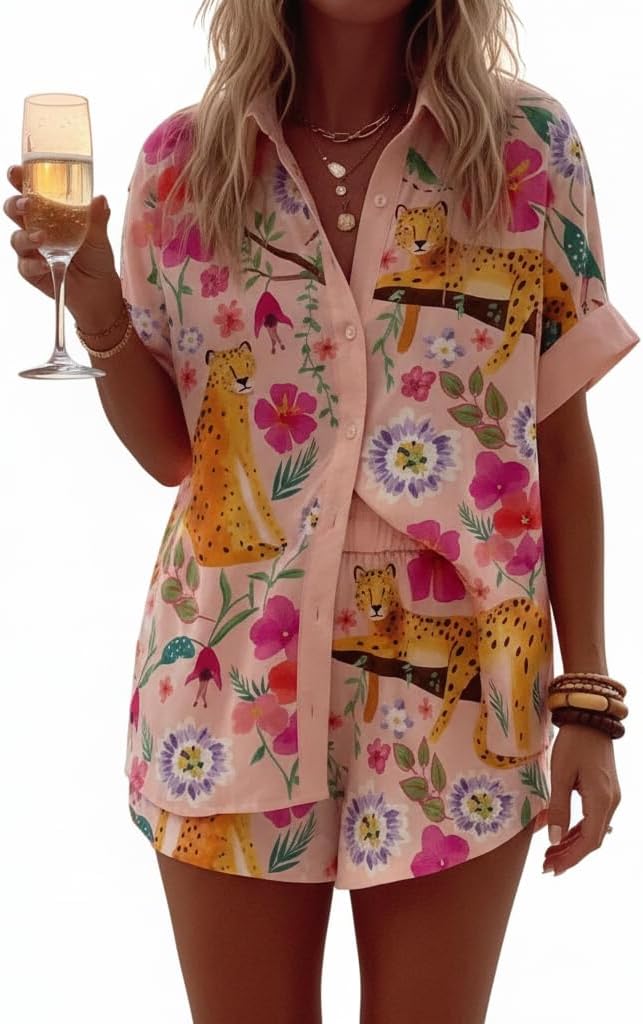 Women's 2 Piece Outfits Short Sleeve Button Down Shirt and Drawstring Shorts Set Casual Summer Vacation Lounge Sets