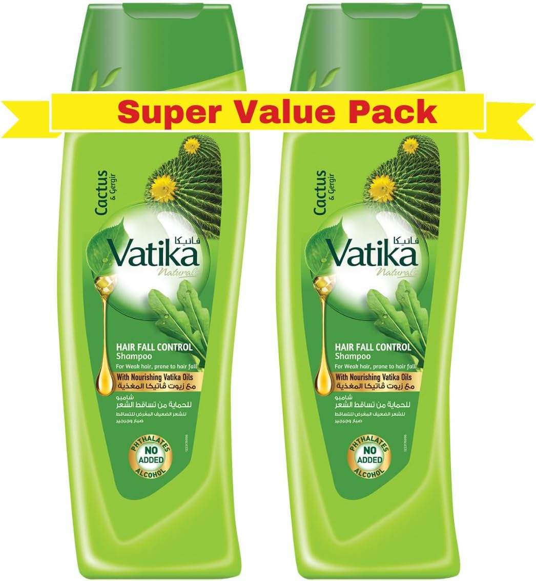 Vatika Naturals Hair Fall Control Shampoo - 2 x 400 ml | Enriched with Cactus & Gergir Extracts | For Weak Hair, Prone to Hair Fall | With Nourishing Vatika Oils | Super Value Pack of 2