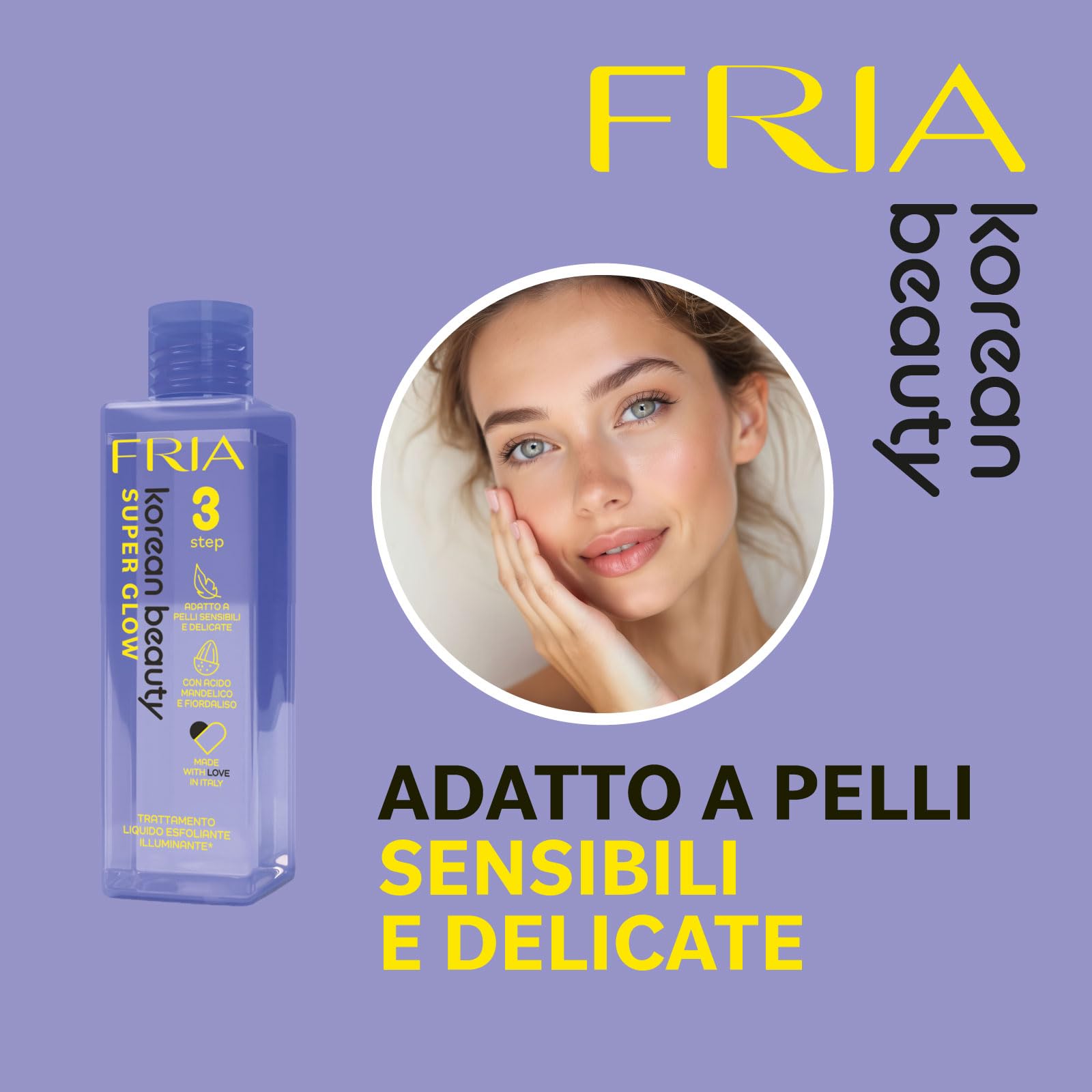 Fria Korean Beauty Trattamento Liquido Esfoliante Illuminante Super Glow, Adatto a Pelli Sensibili e Delicate, Con Acido Mandelico e Fiordaliso, Confezione da 150ml