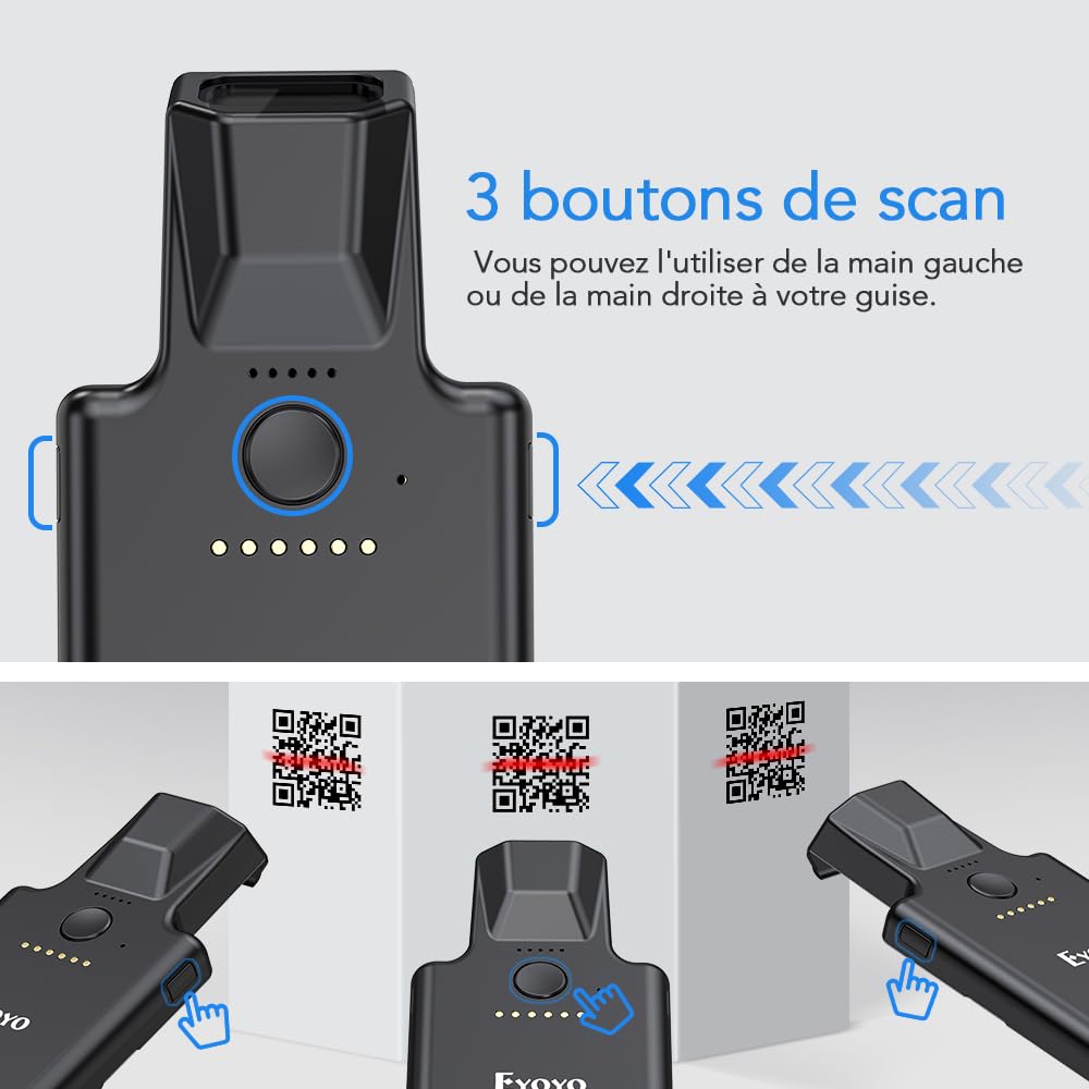 Eyoyo QR Code Scanner Bluetooth Android Barcode Scanner, Portable Back Clip sans Fil 1D 2D UPC ISBN, Lecteur de Code-Barres d'inventaire, Compatible avec iPhone, téléphone Android