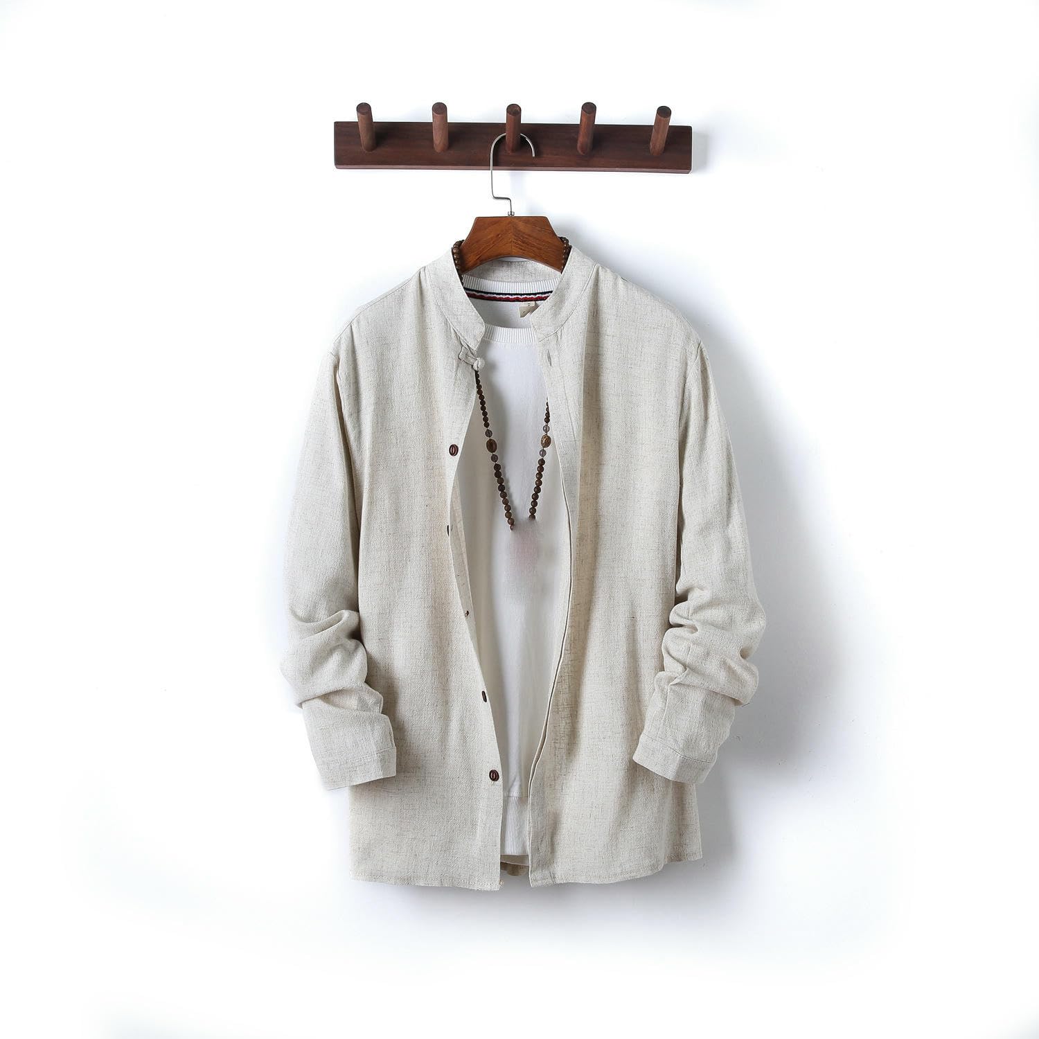 Camisa de manga larga para hombre, de lino y algodón, con cuello alto, estilo chino, primavera y otoño