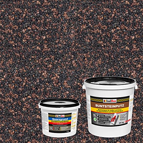 Isolbau Buntsteinputz - Mosaikputz für innen & außen - Frostsicher, wasserfest, stoßfest - BP85 (Graphit, Rotbraun), 25 kg + Quarzgrund 4 kg