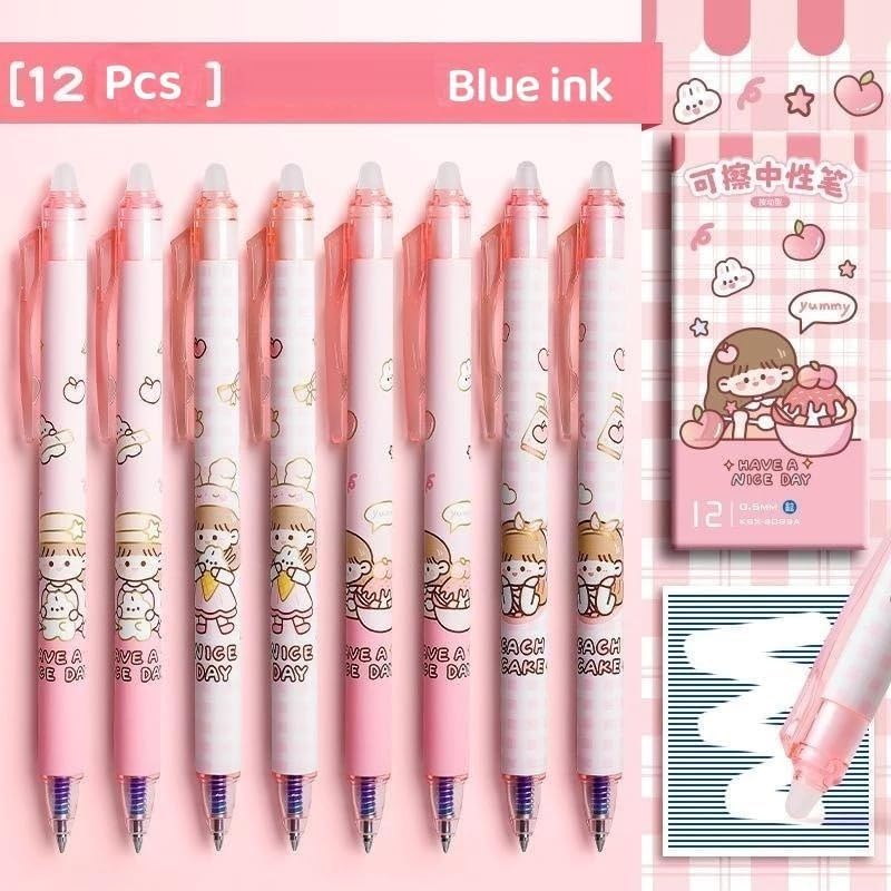 Image of FAMOUS QUALITY Erasable Gel Pens - 12 Pcs of Gel Pen with Magic Eraser, Kawaii Gel Pens, Lightweight Gel Pen with Comfortable Grip, Stationery for School & Office - Blue Ink