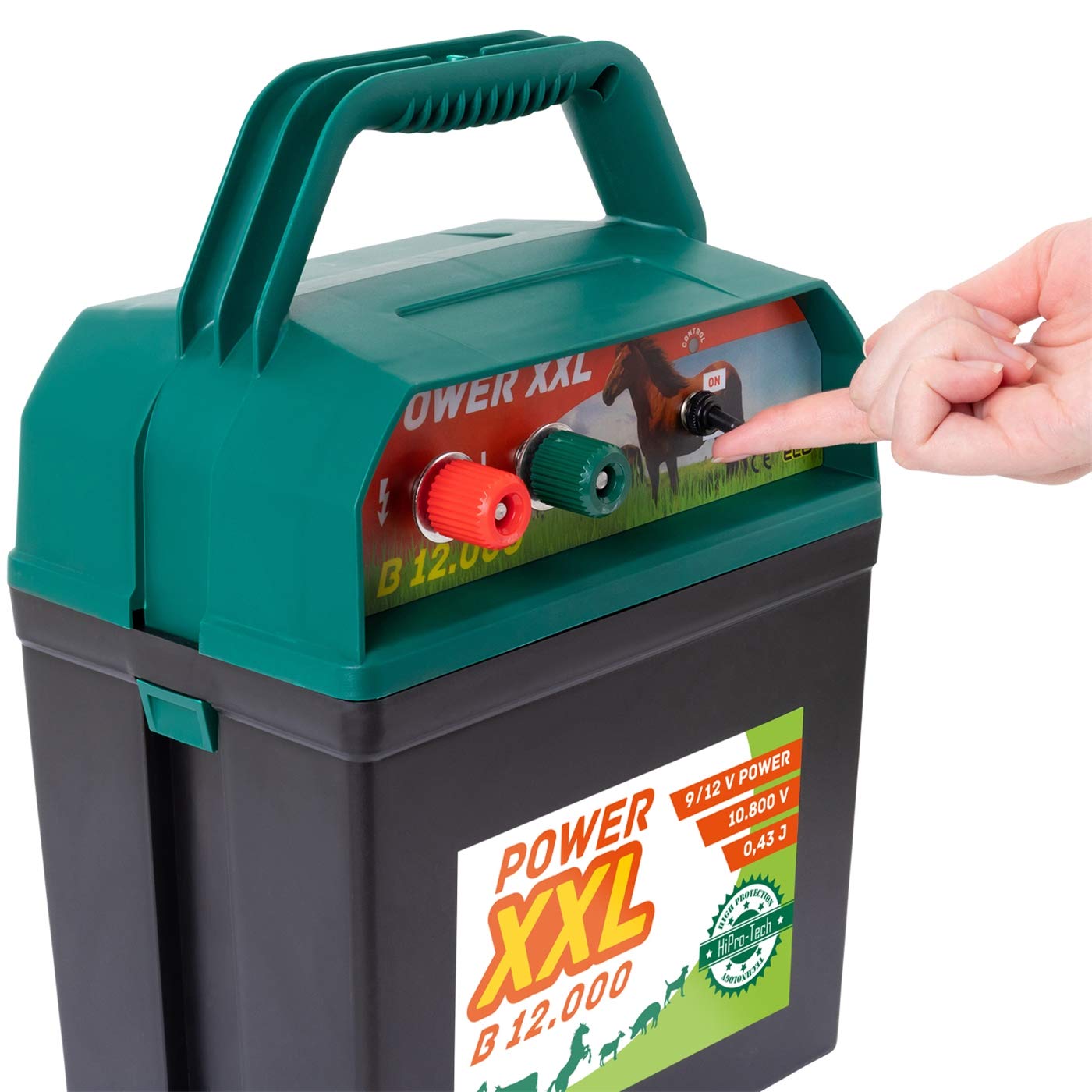 Elettrificatore B 12.000, Elettrificatore da 9 V /12 V, Set inclusivo di Cartello di Pericolo Internazionale, per recinzioni per Cavalli, Pony, Piccoli Animali, Pecore e pollame