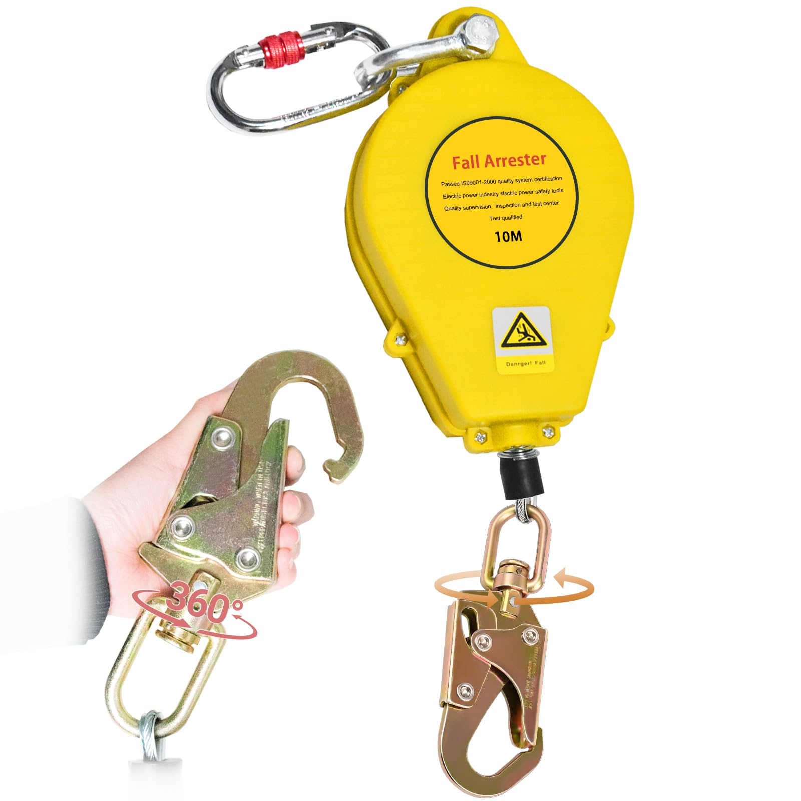 Dispositivo Anticaduta Retrattile Certificato 10m 150 kg(Giallo,10m) | Corda Imbracatura di Sicurezza Anticaduta Tetto, Dispositivo di Sicurezza Anticaduta Tetto con 360° Gancio Autobloccante