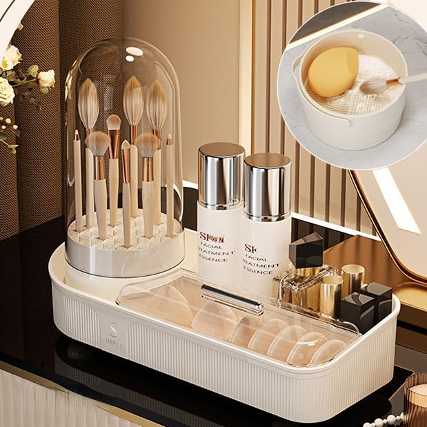Rotating Makeup Organizer for Vanity Brush Holder with Detachable Brush Cleaner Cosmetic Storage with Lid Dustproof Countertop Skincare Perfume Lotions Display Case (White)
