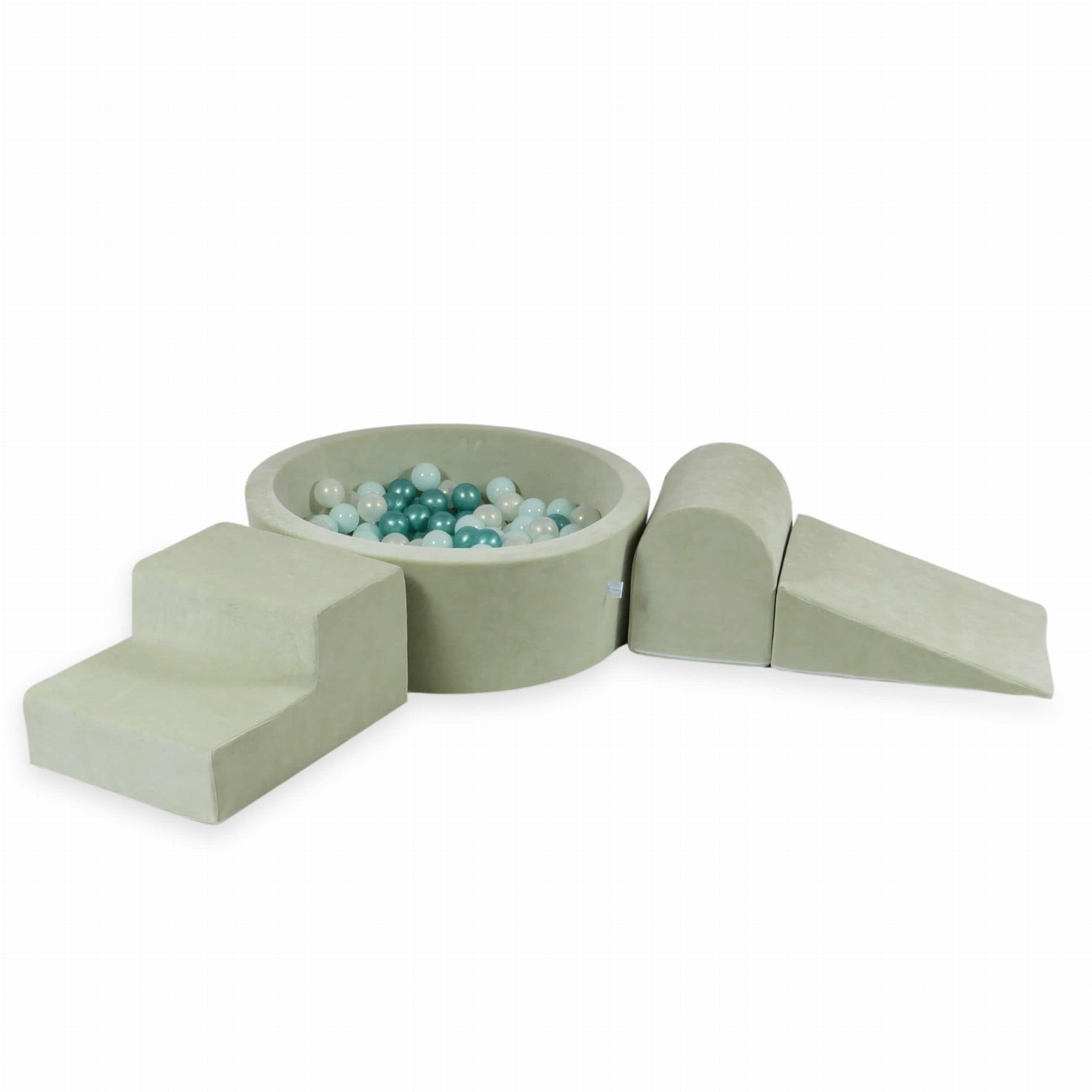 Mimii Parco giochi in schiuma con vasca con palline Velvet Soft Mint chiaro (200 palline: menta chiaro/opale/turchese metallizzato), grandi mattoncini da costruzione per gattonare e arrampicare