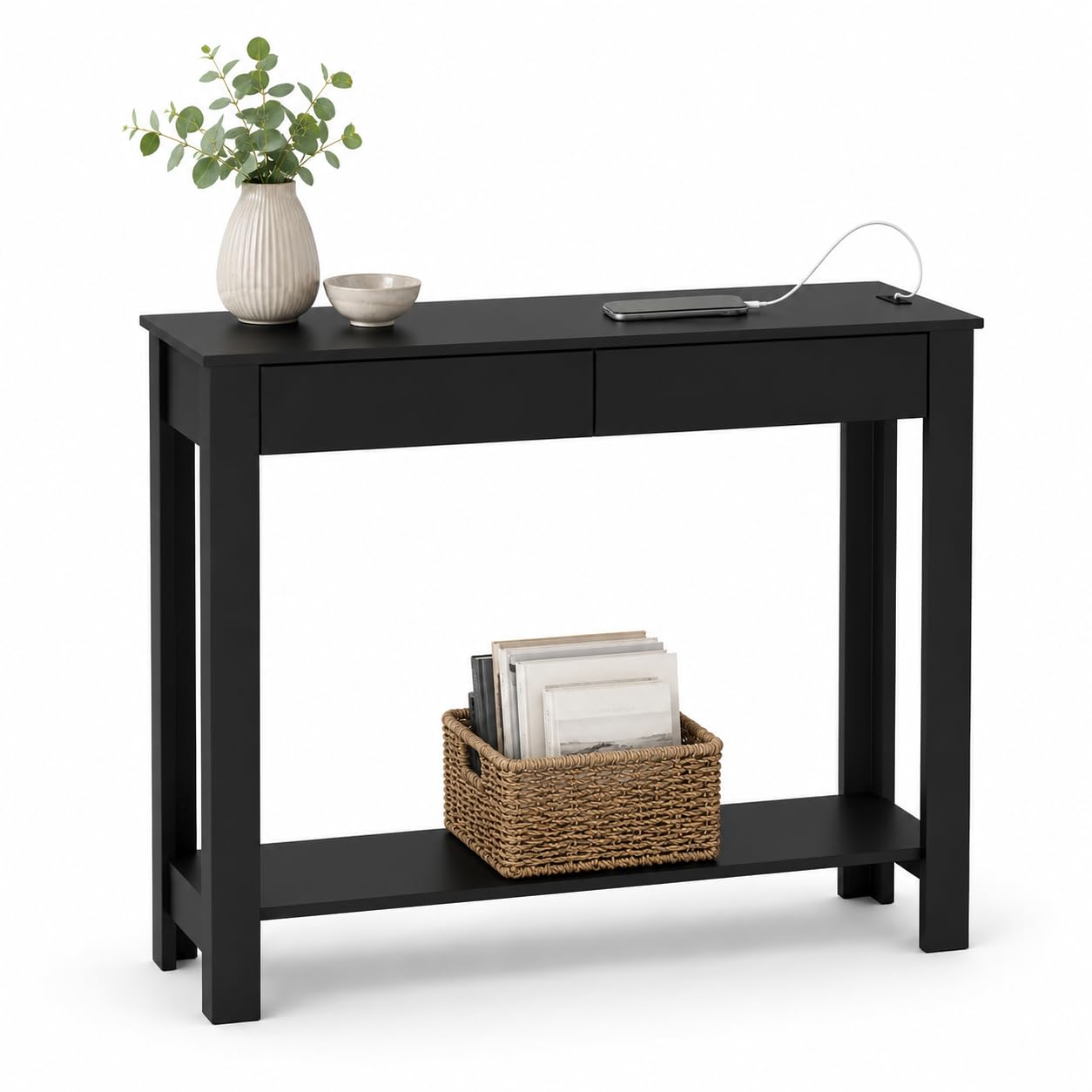 URBNLIVING Narrow Hallway Console Table USB Charging, Black 2 Drawer