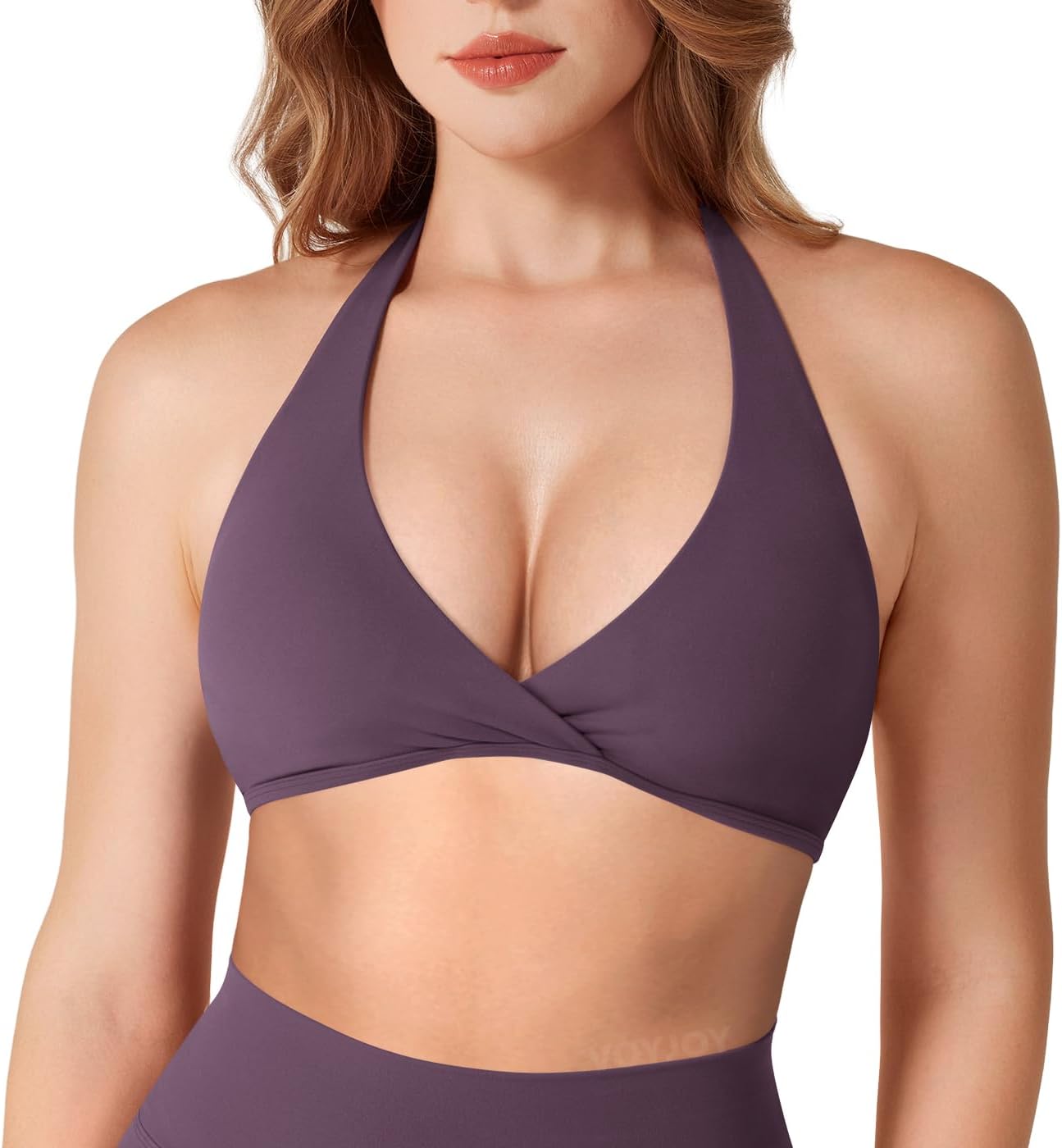 VOYJOY Halter Sports Bras for Women Deep V Neck Open Back Padded Adjustable Back Straps Workout Yoga Everyday Bra Crop Top