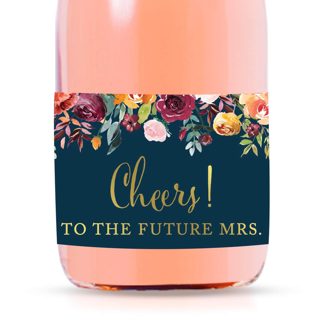 Andaz Press Bachelorette Mini Wine Labels for Bottles, Cheers! to The Future Mrs., Fall Autumn Navy Blue Floral Roses 20-Pack Custom Mini Champagne Bottles Bulk Waterproof Mini Wine Bottle Labels