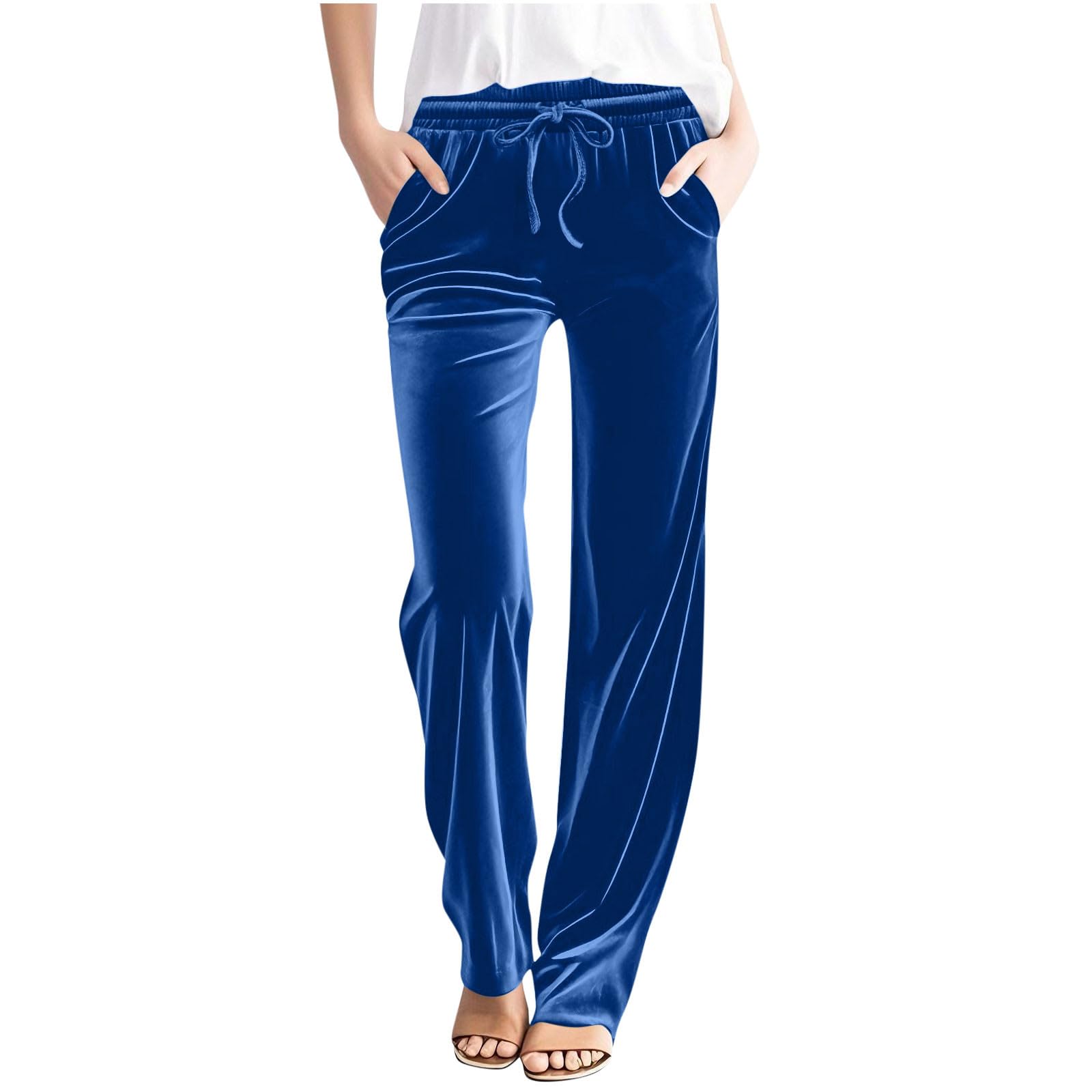 Womens Velvet Pants Dressy Straight Leg Velour Pant Casual Drawstring High Waisted Lounge Trousers with Pockets