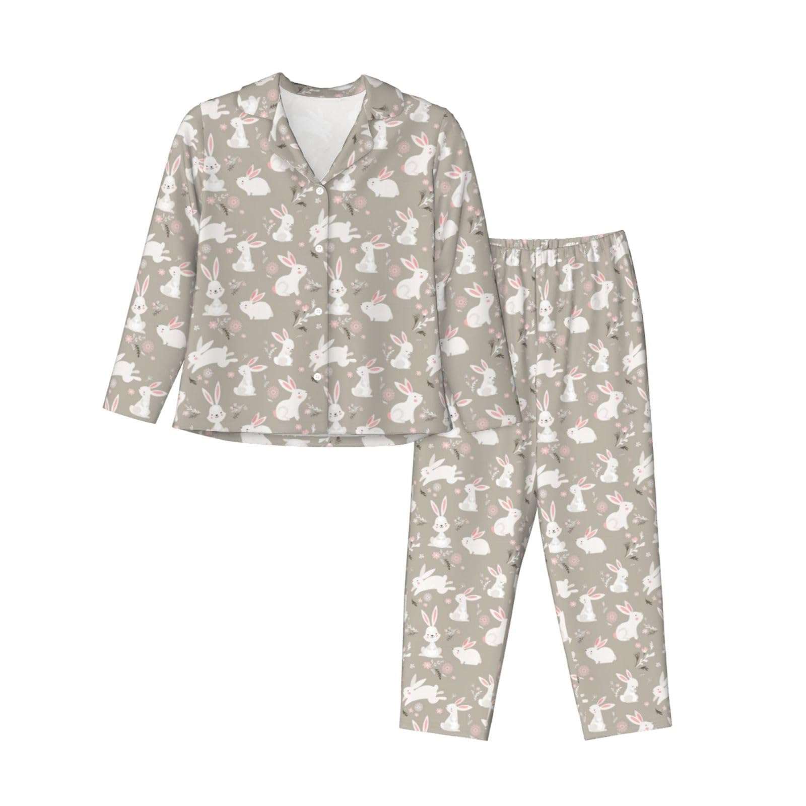 Coniglietto di Pasqua Stampa Floreale Delle Donne A Maniche Lunghe Pigiama Set Pigiameria Accogliente Homewear Casual Due Pezzi