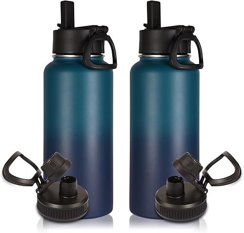 Miniatura 1 de Volhoply Botellas de agua de 32 onzas a granel con tapa de popote y tapa de boquilla, botella de agua deportiva aislada, termo de acero inoxidable