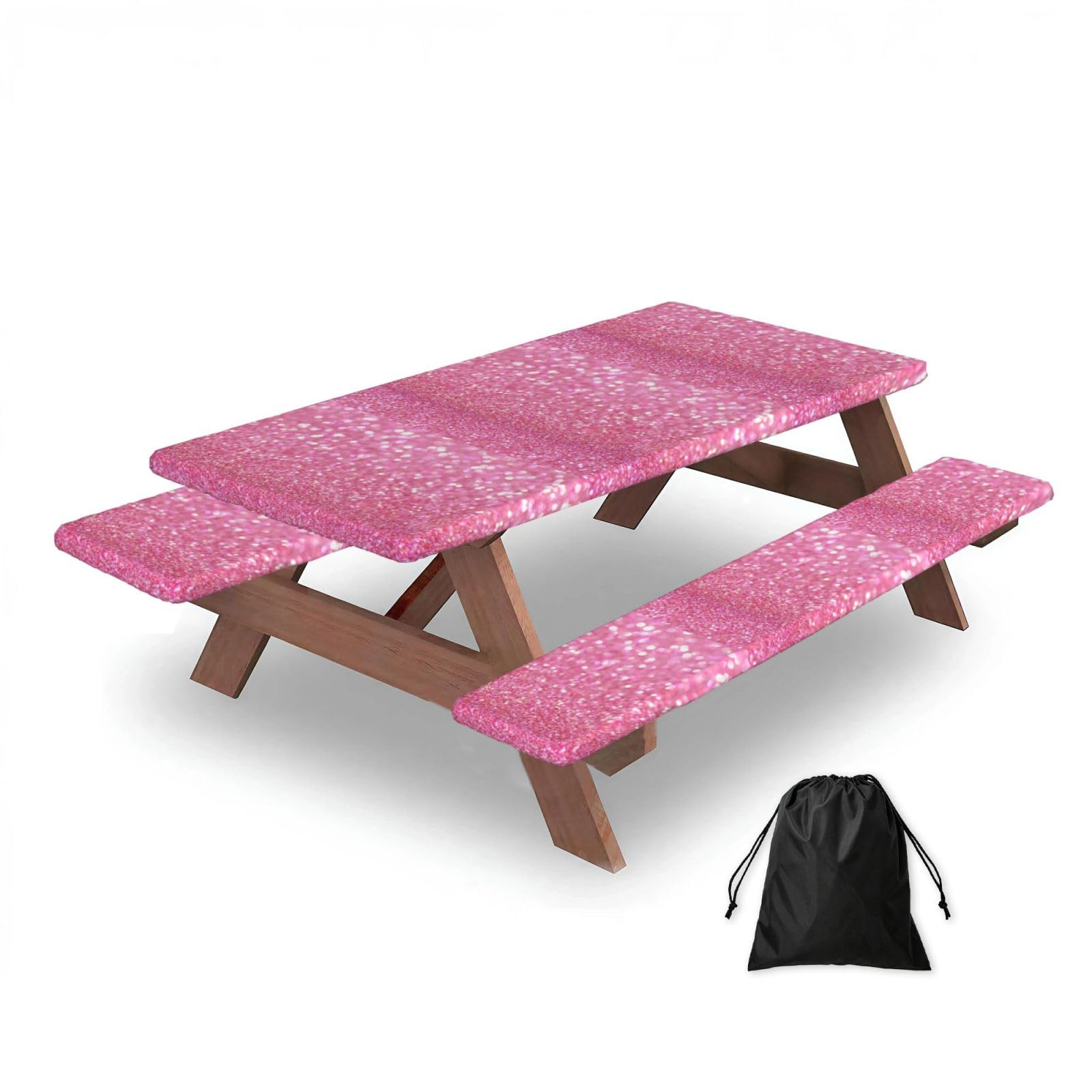 Dopklna As Picture Pink Glitter, Picnic Table Cover With Bench Covers -Waterproof Elastic Fitted Tablecloth For Garden Camping Patio 76X152cm