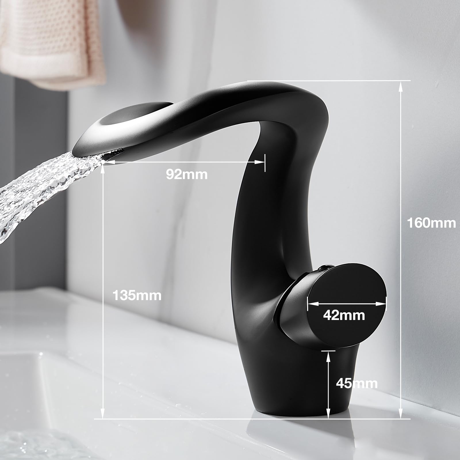 Grifo Negro Mate para Lavabo, Cascada, Mezclador Moderno y Elegante, Frío y Caliente