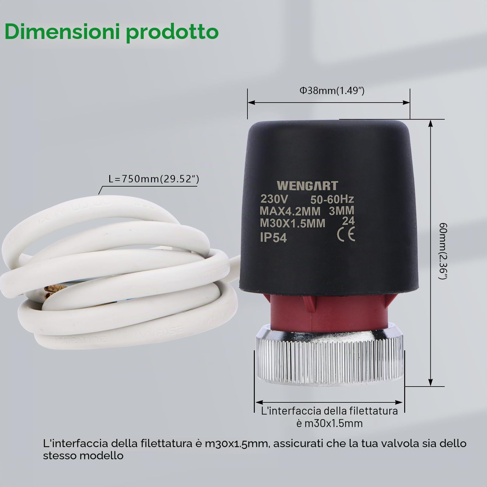 Attuatore per Riscaldamento a Pavimento Wengart WG905, Normalmente Chiuso AC230V 2W M30*1,5 2 Fili Adatto per Sistemi HVAC e Sistemi di Acqua Calda