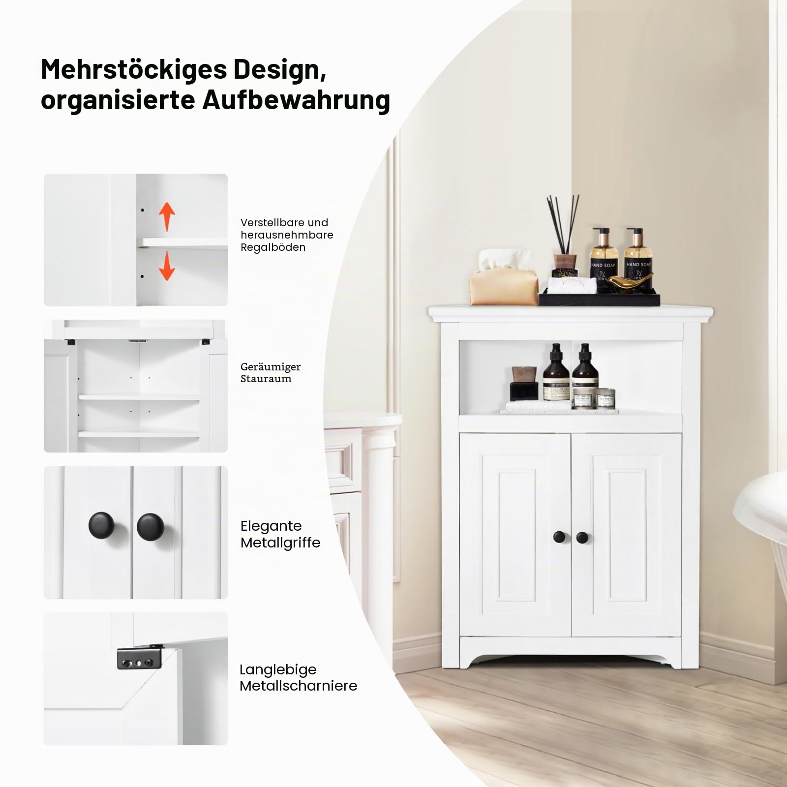 VEVOR Eckschrank Aufbewahrungsschrank mit 3-stufiger Regalen Mehrzweckschrank (845 mm Hohe) mit 2 Holztüren und verstellbaren Regalen, freistehender Küchenschrank für Wohnzimmer Waschküche, weiß