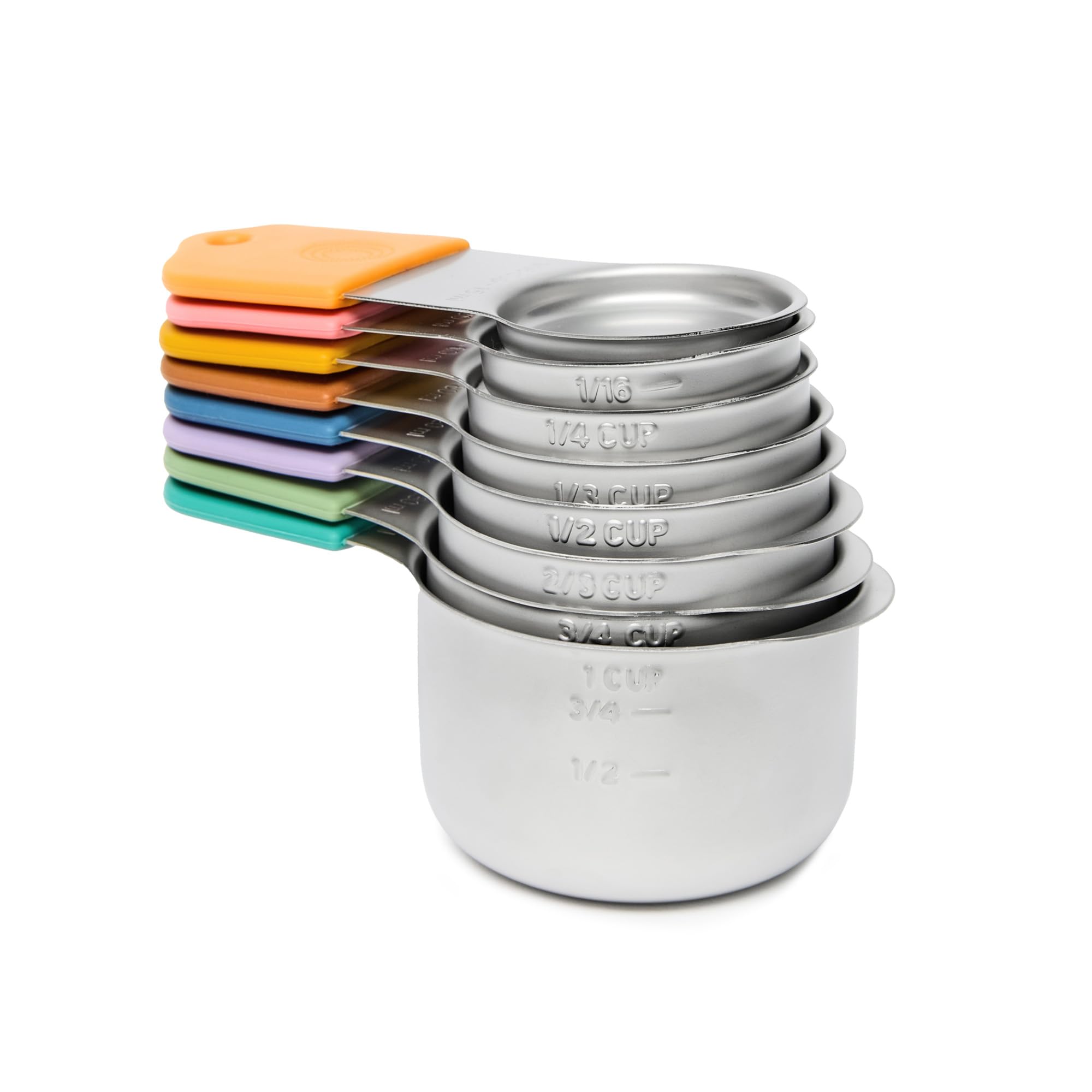 Chef Pomodoro Stainless Steel Measuring Cup Set, Nested and Stackable, Sturdy Extra-long Handles with Lasered Markings and Sorting Ring (8-Piece Set (Magnetic))