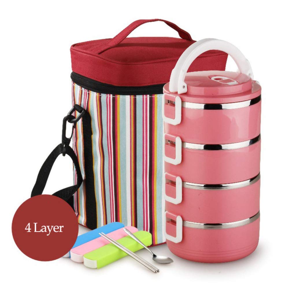 2 3 4 Layer Insulated Stainless Steel Lunch Boxs Thermos Set Food Container Lunchbox Japanese Bento Box Portable Picnic with Bag-in Lunch Boxes Red 4 Layer