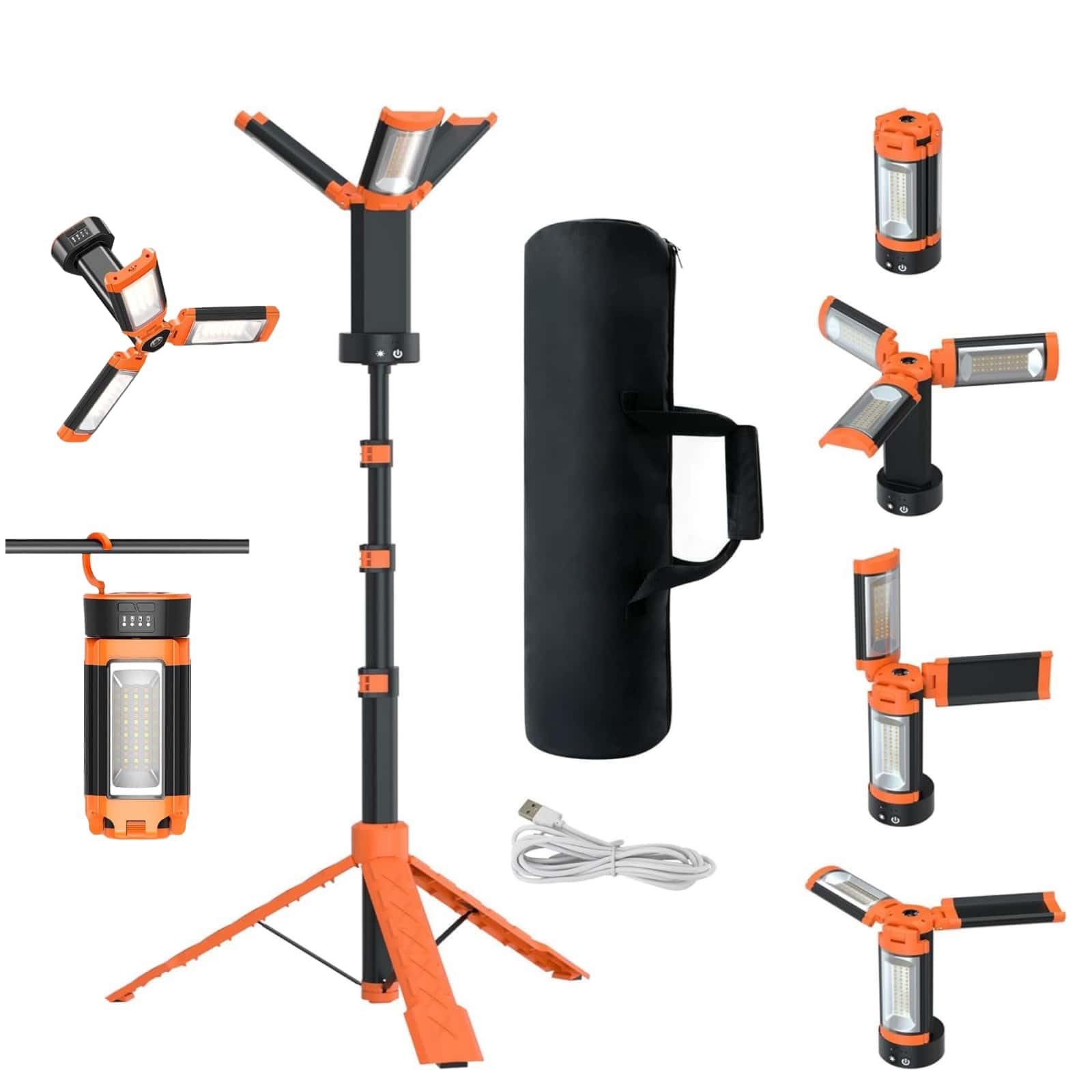 Ssumght Rechargeable Camping Light with Stand, 186cm Tall Portable 3000 Lumens Cordless Work Light with 3 LED Lamps Head & Detachable Tripod, 9AH Battery LED Work Light Dimmable with Travel Bag