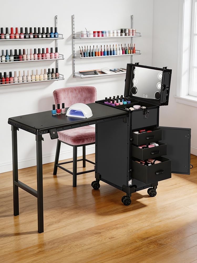 cdar Rolling Nail Desk,3 Drawers Lockable Makeup Case Folding Portable Nail Table with Blueteeth Speaker,Mirror and Polish Organizer,for Mobile Technician Workstation and Salon Use Black US Plug