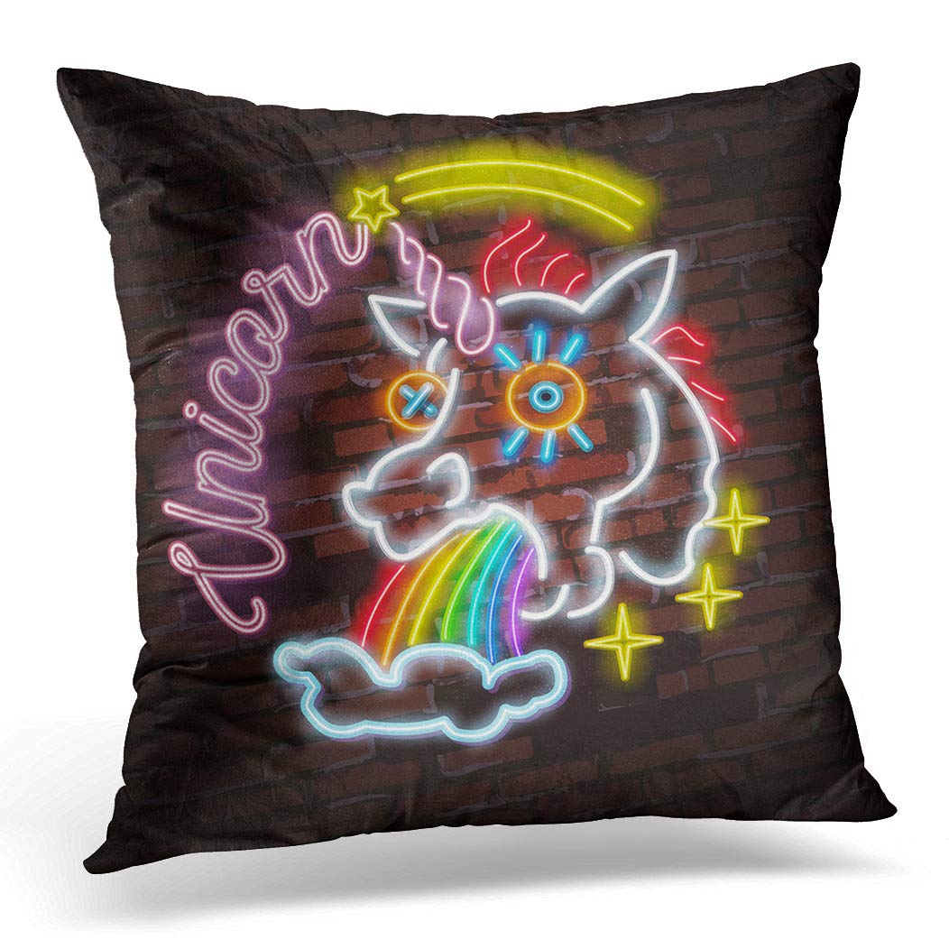 Awowee Cushion Cover 45x45cm/18x18inches Realistic Neon Retro Sign of Unicorn Covering Wall Pink Home Decor Throw Pillow Cover Square Pillowcase for Bed Sofa