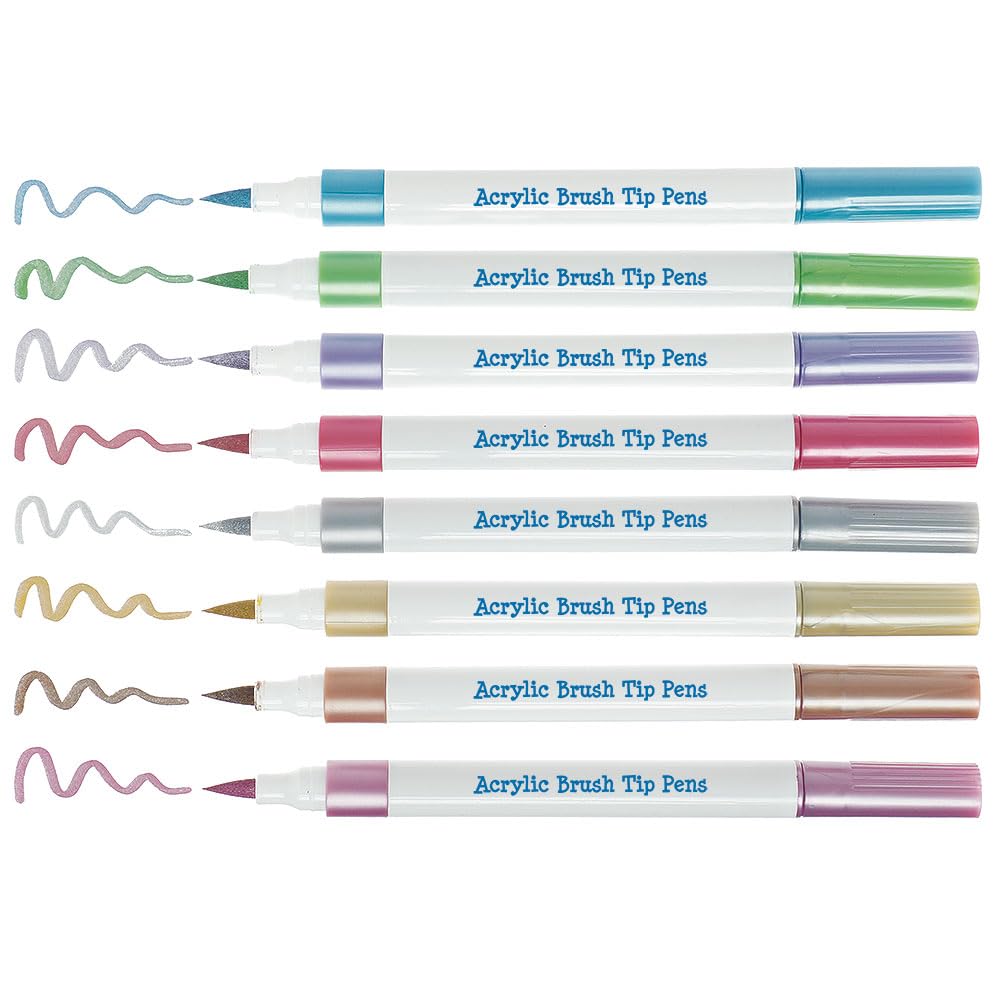 Baker Ross VC264 Pearlised Acrylic Porcelain & Deco Brush Tip Pens - Pack of 8, Pearlised Brush Tip Paint Pens