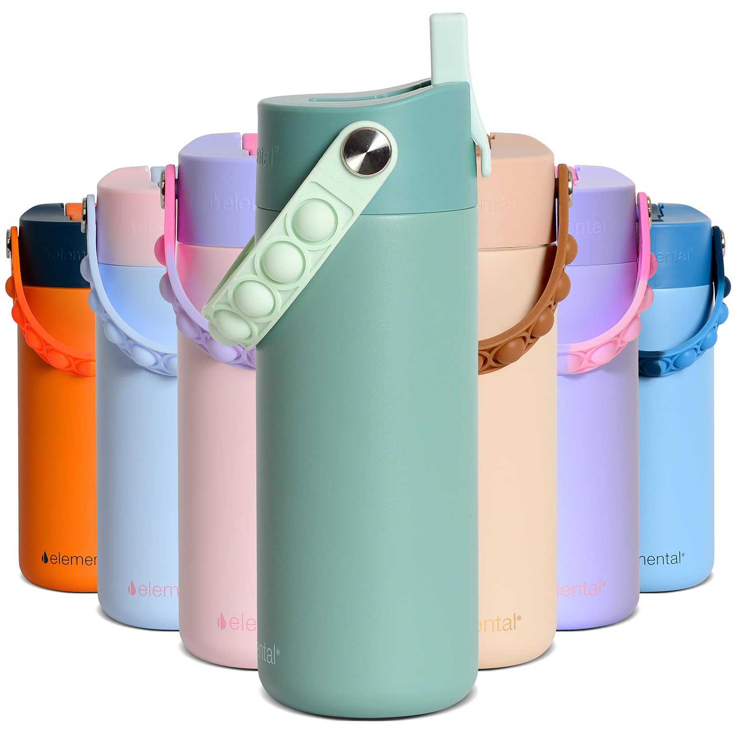Elemental Insulated Kids Water Bottle, Stainless Steel Water Bottle with Straw Lid & Pop-It Handle, Leak-Proof Water Bottles for School, Boys or Girls
