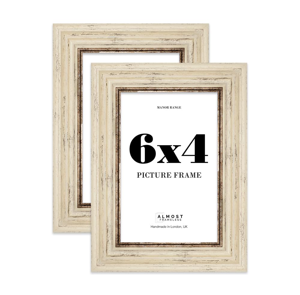 6x4 Picture Frame, Display 6x4 Pictures (10.2 x 15.2cm) - Distressed Cream Timeless 42mm Edge Decorative Wall Display Frame - 2 Pack