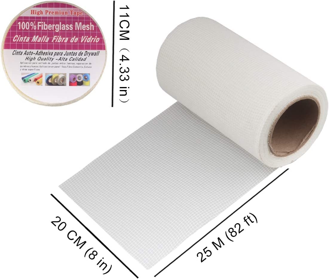 Cinta de Tela Fibra de Vidrio Cinta de Malla Tela de Fibra de Vidrio Autoadhesiva Cinta de Reparación en Rollo de Tela para Rellenar Grietas y Juntas, 20 cm x 25 m