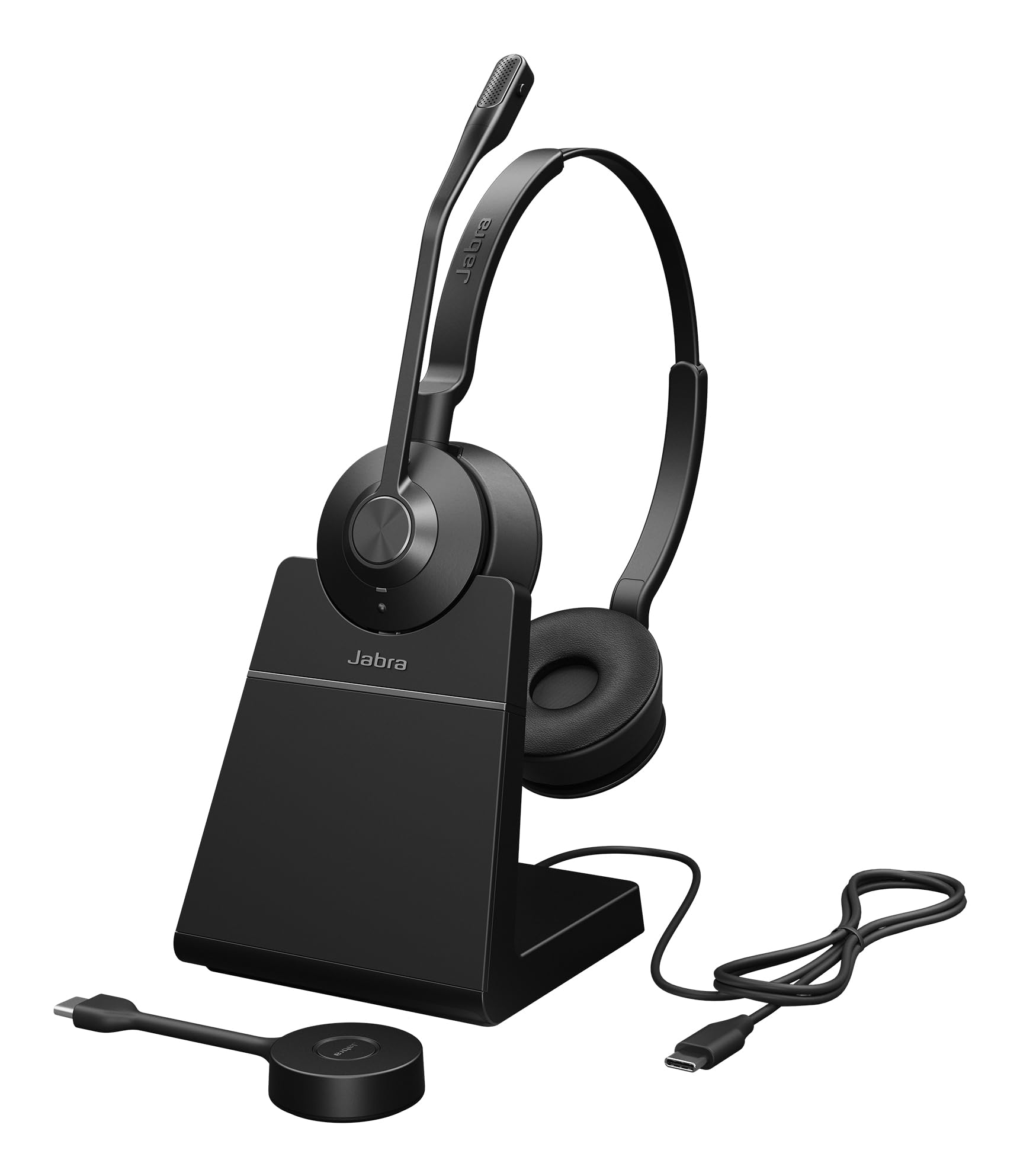 Jabra Engage 55 Stereo headset UC, Link 400c DECT adapter USB-C, Engage 55 Deskstand, 1.2m USB-C to USB-C Cable, Carry case, Warranty and warning (safety leaflets)