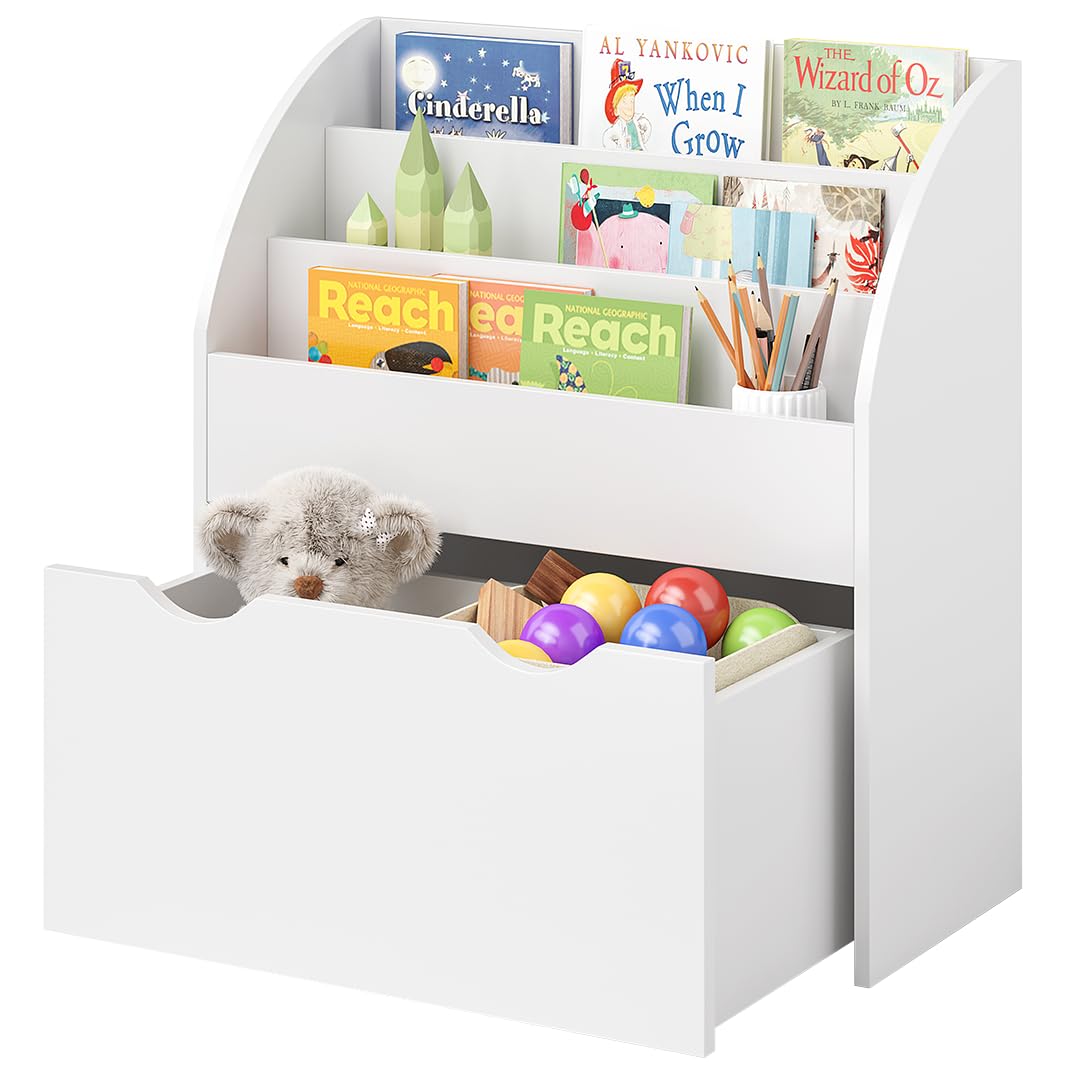Bellabino Koro Bücherregal Kinder – Regal Kinderzimmer mit 3 Fächern für Bücher – Montessori Kinderregal mit Schublade – Spielzeugregal Aufbewahrung in Weiß – Spielregal aus Holz 79 x 34 x 72 cm