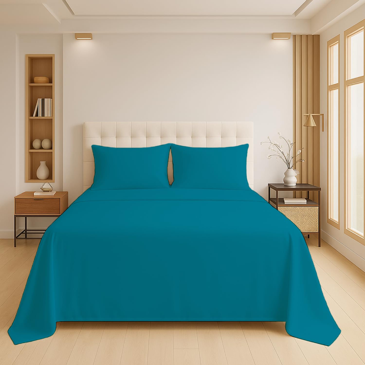 Luxury Flat Sheet Polycotton Plain Dyed Easy-care Non-Iron Bedsheets Parcale Wrinkle-resistant polycotton fabric (50% cotton 50% polyester) (Teal, King) โ image 1
