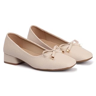 STEFFY Women Off White Block Heel Pumps | Stylish Synthetic Leather Sandals for Casual Office and Comfortable Trendy Footwear Ladies | Size 6