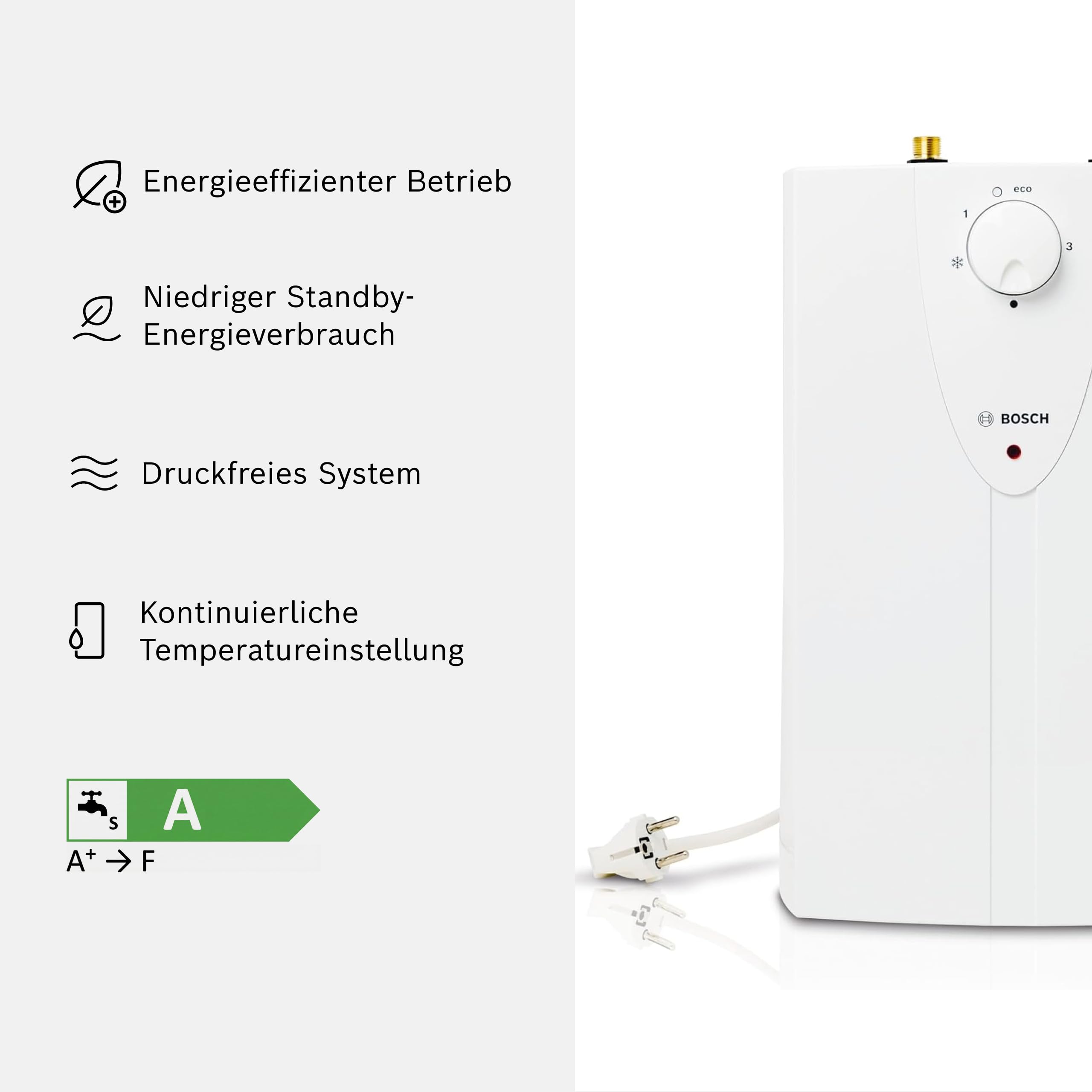 Bosch Elektrischer Kleinspeicher Tronic 1500 TO - Energieklasse A, 230V, 5 Liter Kapazität - Unter-/ Übertischgerät, Stufenlose Temperatureinstellung - Weiß