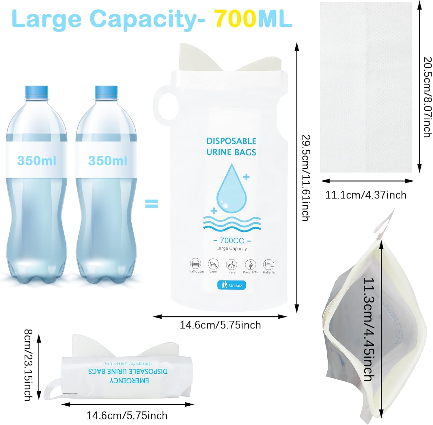 Sosation 48 Pack Disposable Urinal Bag 700 Ml, Portable Camping Pee Emergency Travel Unisex Urine Vomit Bag for Travel Traffic Jams, Hiking, Pregnant, Patient
