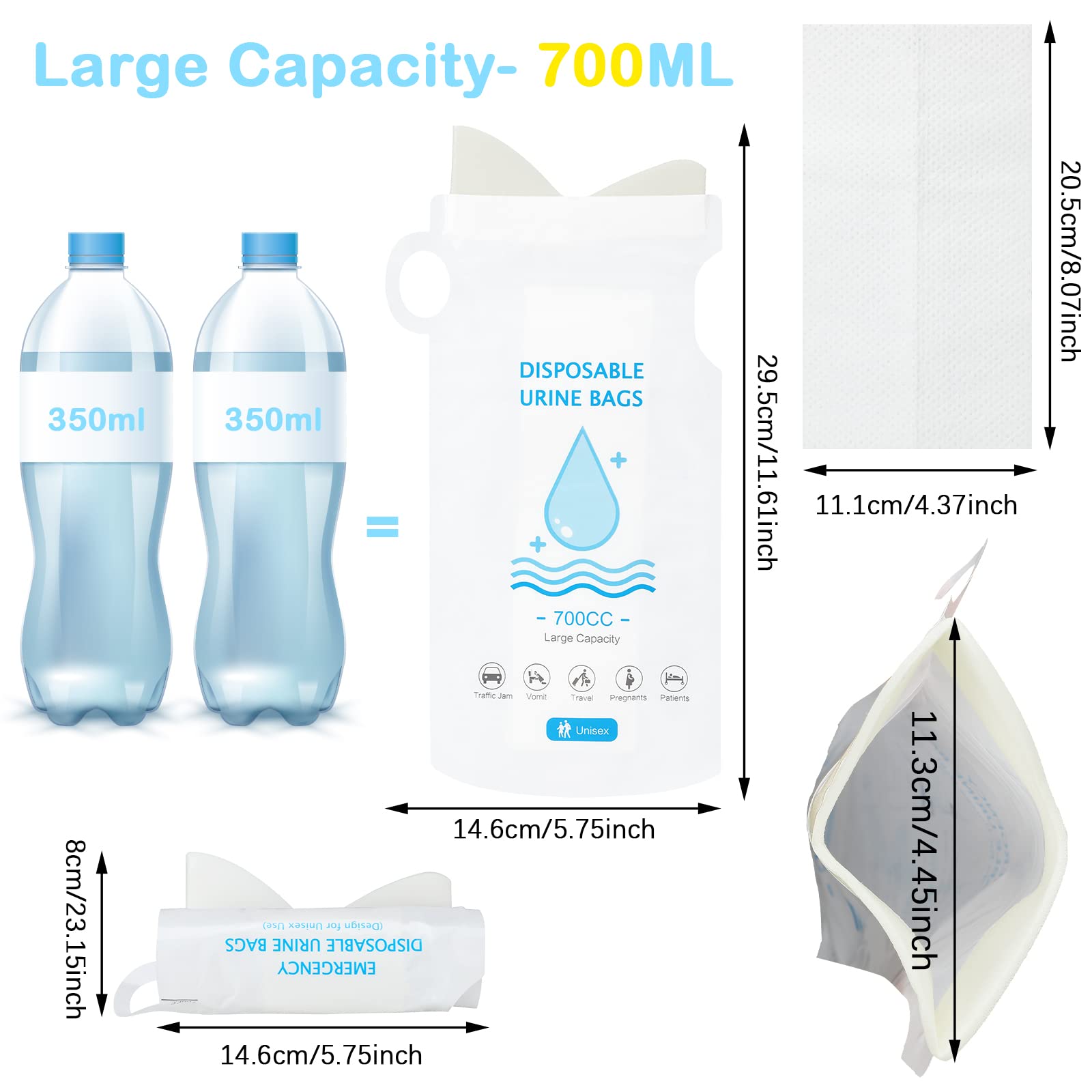 Sosation 48 Pack Einweg-Urinalbeutel 700 ml, tragbarer Camping-Urinbeutel, Notfall-Urinbeutel, Reise-Urinbeutel, Unisex-Urinbeutel Erbrochener Beutel für Reisen Stau, Wandern, Schwangere, Patient