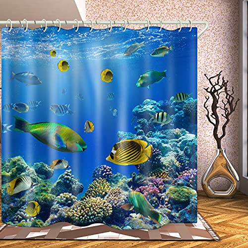 Image of LYFANS Waterproof Polyester Fabric Shower Curtains, Seaworld Print Large Width Partition Curtain, Bathtub Shower Curtain Liner, 12 White Hooks (72x72 inches)