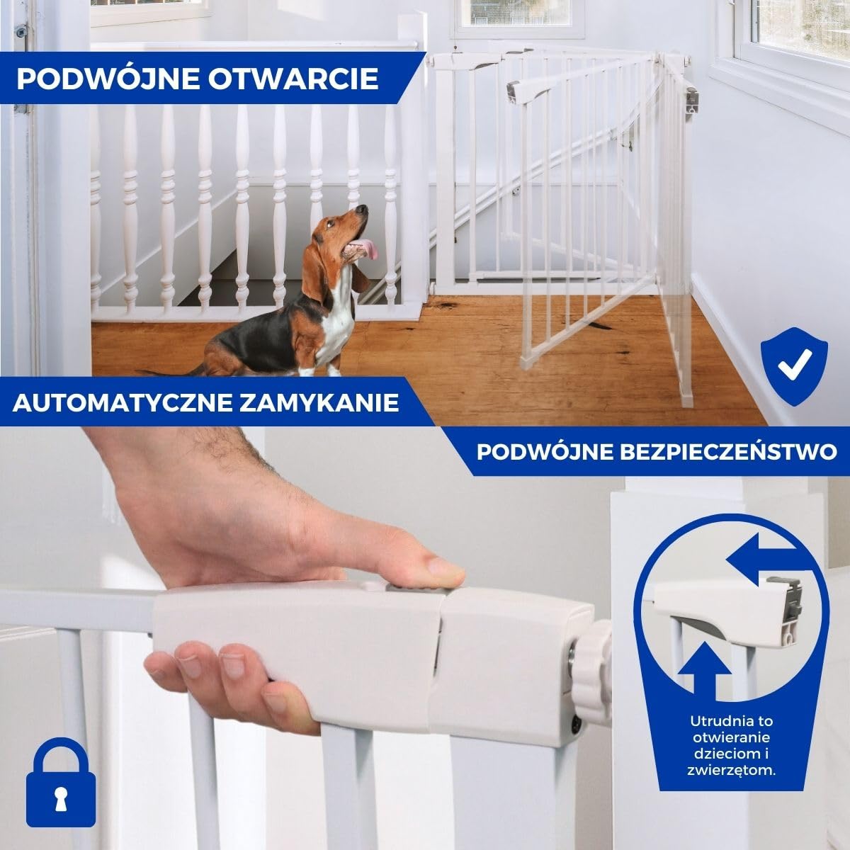 Mobiclinic® kids, Barierka bezpieczeństwa dla dzieci i zwierząt domowych, Raily, Automatyczne zamykanie, Podwójne otwieranie, 75 do 82 cm, Montaż wciskany bez otworów, Schodów drzwi