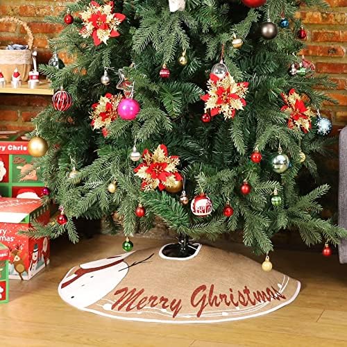 N&T NIETING Burlap Christmas Tree Skirt, 30 Inch Hessian Tree Skirt with Glitter Snowman Tree Mat for Xmas Holiday Home Decoration