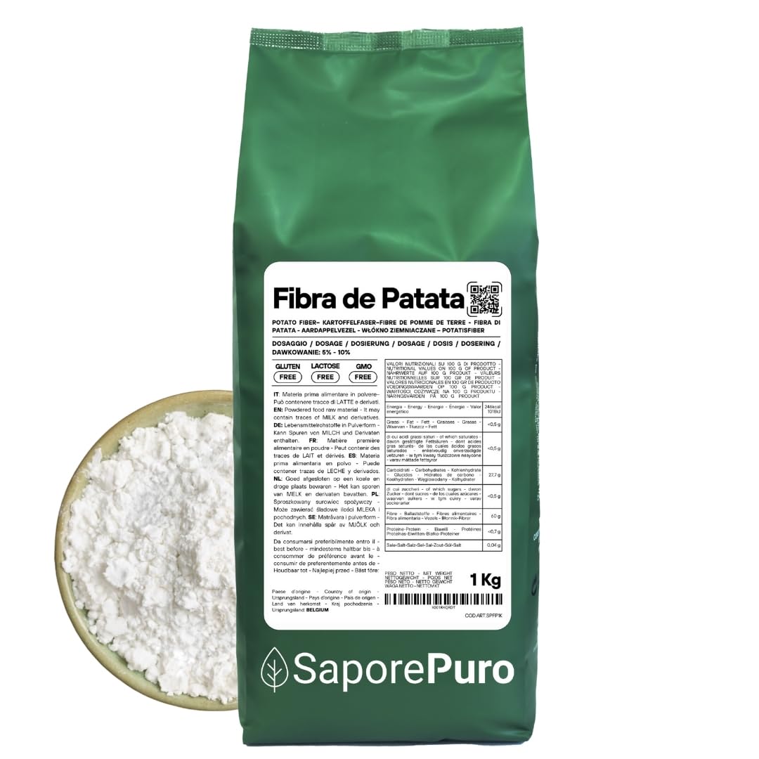 SaporePuro Fibra de Patata 1 kg - Fibra alimentaria - Espesante, emulsionante y estabilizante natural - Ideal para repostería, helados y salsas - Sin gluten