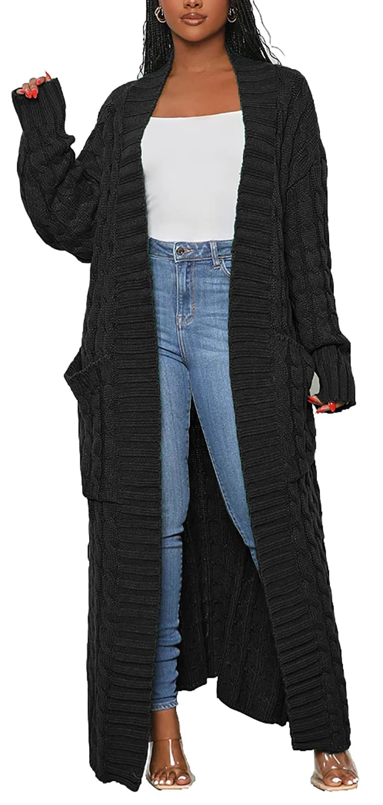 NRTHYE Womens Long Sleeve Open Front Cable Knit Long Cardigan Sweater with Pockets Loose Sweater Outwear Coats